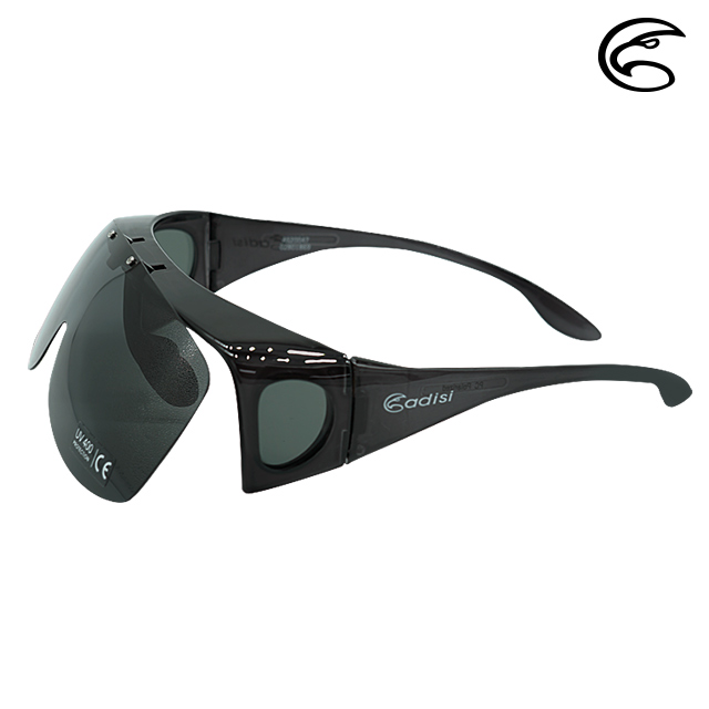ADISI 掀蓋式偏光太陽眼鏡 AS20047 透明亮黑框/黑灰片