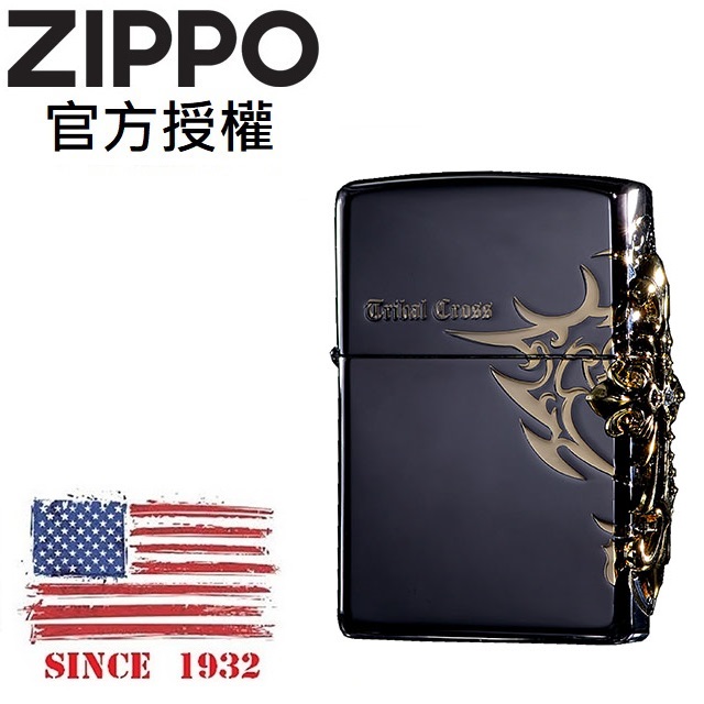 ZIPPO SIDE TRIBAL CROSS EMB(GOLD) 聖天使十字火焰(黑冰金)防風打火機