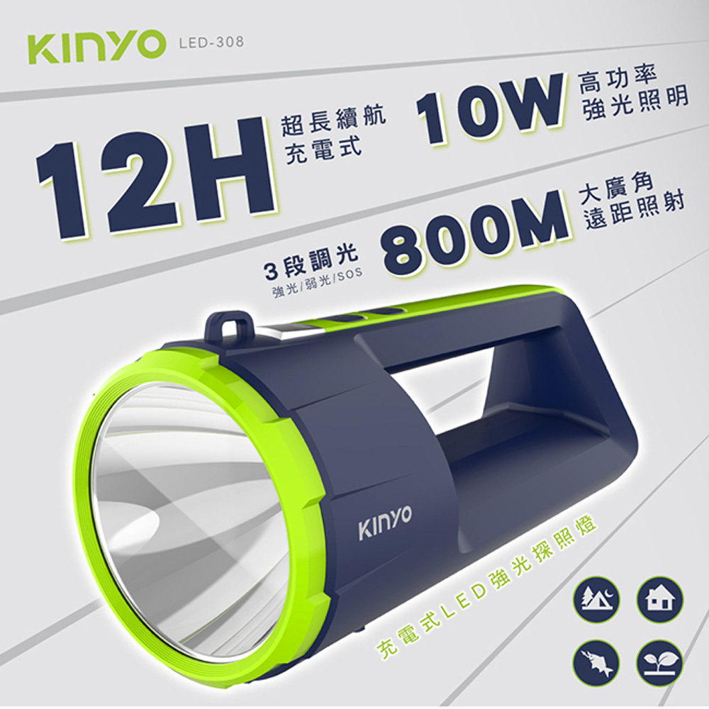 【KINYO】USB充放電式LED強光探照燈(308LED)