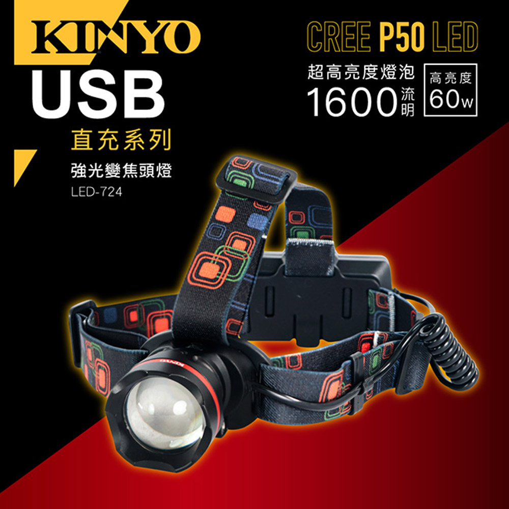【KINYO】18650鋁合金P50強光變焦頭燈(724LED)