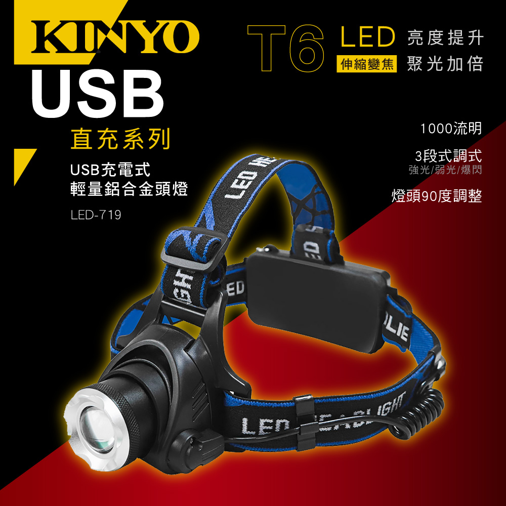 KINYO USB充電式輕量鋁合金頭燈LED719