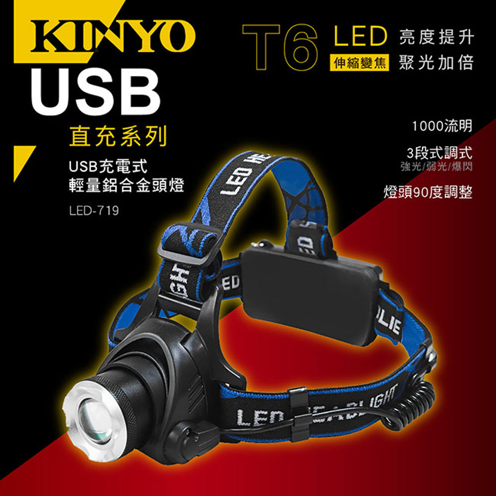 KINYO USB充電式輕量鋁合金頭燈