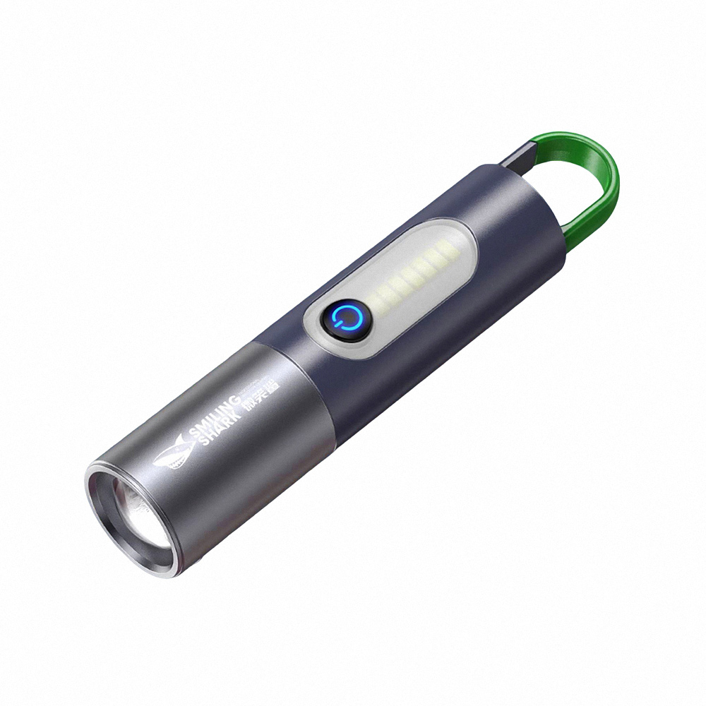 微笑鯊【SD 0708變焦強光多功能手電筒】防水 COB燈珠 露營登山釣魚戶外照明超亮遠射 鑰匙扣掛勾