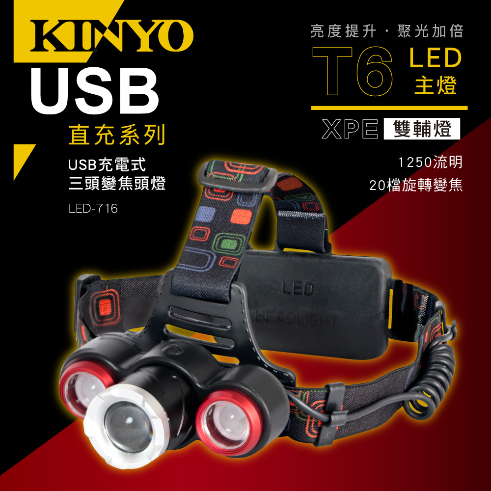KINYO USB充電式三頭變焦頭燈LED716
