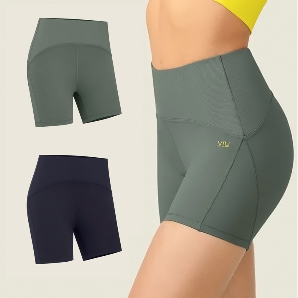 VFU 高強度 緊身短褲 瑜珈褲 條紋拼接顯瘦 曲線修身 羅紋腰頭設計 高彈舒適