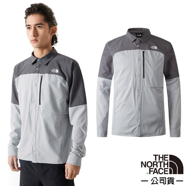 【The North Face】男 FLASHDRY 吸濕透氣長袖襯衫.休閒上衣/防曬UPF40+.散熱快乾/83TJ-RO5 珍珠灰