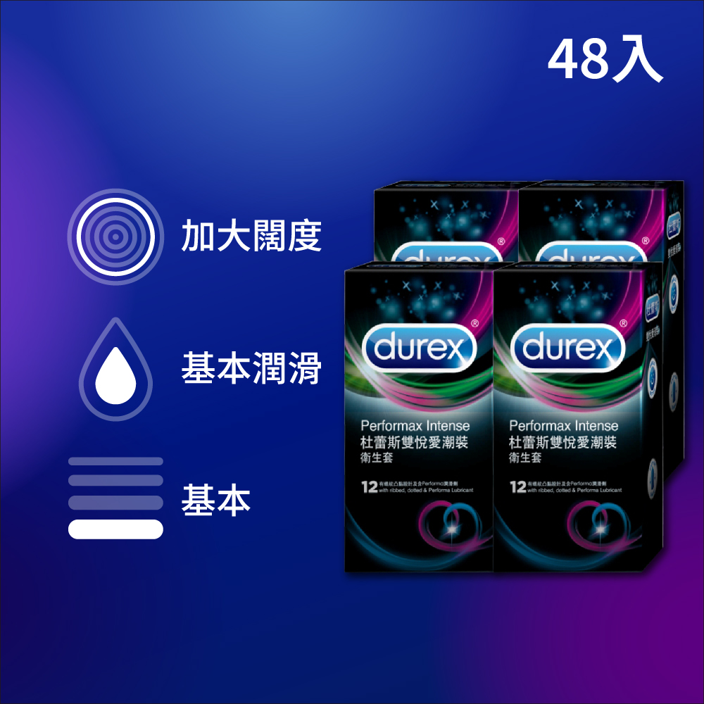 【Durex杜蕾斯】雙悅愛潮裝衛生套12入x4盒(共48入)