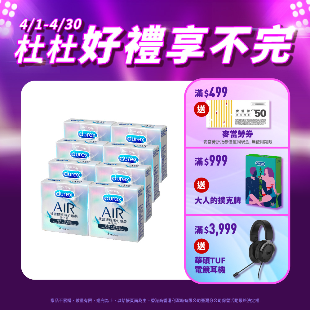【Durex杜蕾斯】AIR輕薄幻隱裝衛生套3入x8盒(共24入)