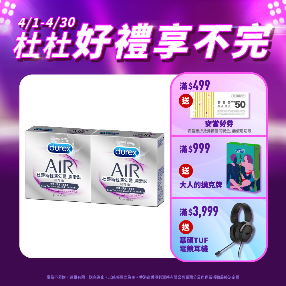 【Durex杜蕾斯】AIR輕薄幻隱潤滑裝衛生套3入x2盒(共6入)