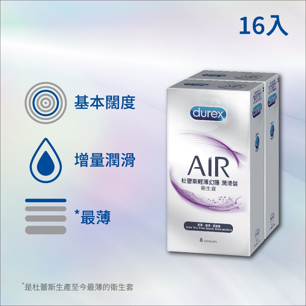 【Durex杜蕾斯】AIR輕薄幻隱潤滑裝衛生套8入x2盒(共16入)