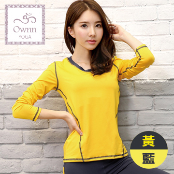 【品樂．Ownn Yoga】韓版速乾透氣拼色瑜珈長袖上衣(單賣黃藍長袖上衣)