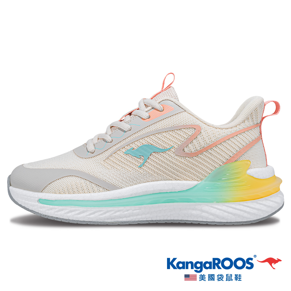 【KangaROOS 美國袋鼠鞋】女 RUN DASH 科技機能跑鞋 支撐穩定 輕量透氣 (米黃綠-KW41191)