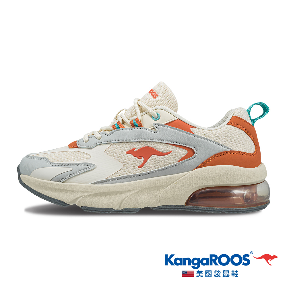 【KangaROOS 美國袋鼠鞋】女鞋 WAVERLY 緩震氣墊 復古拼接 運動增高鞋 (米/灰/橘-KW32411)