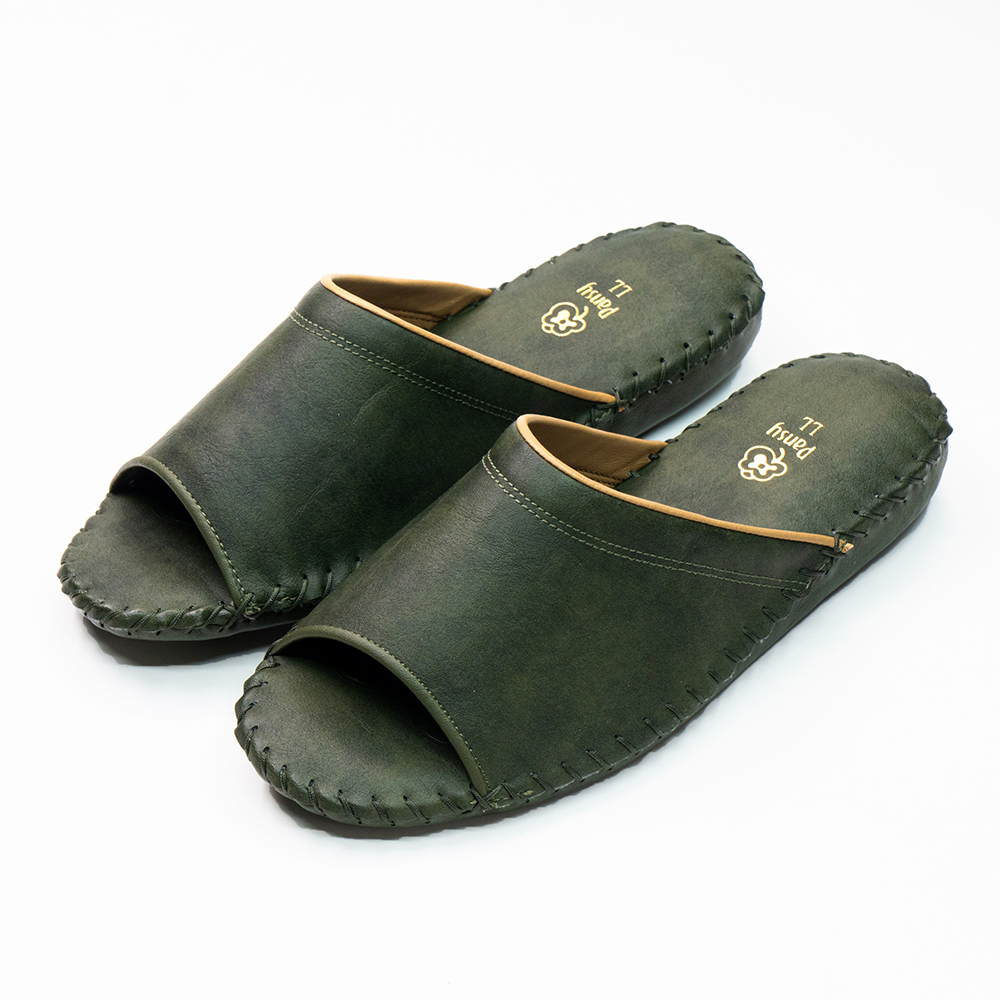 【PANSY】日本 經典款 男士手工防滑舒適柔軟皮革室內拖鞋 墨綠色 室內鞋 拖鞋 防滑拖鞋(9723)