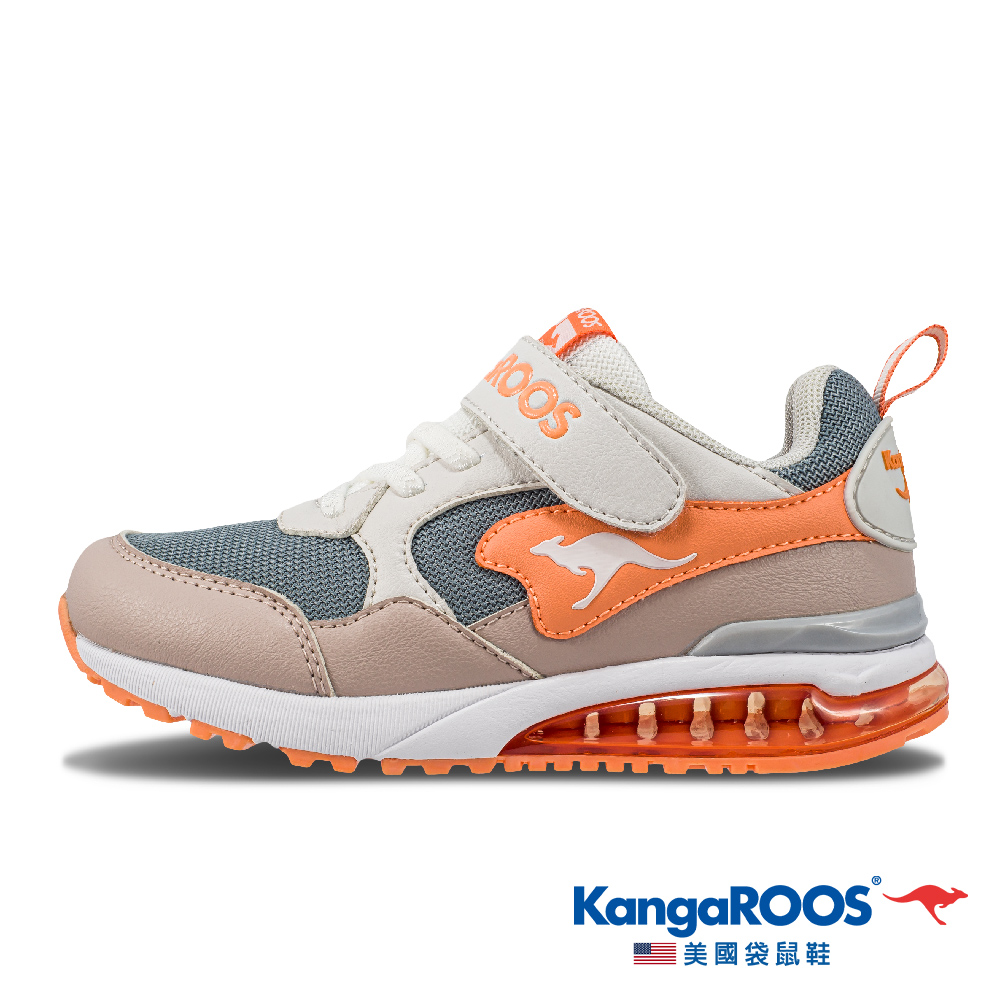 【KangaROOS 美國袋鼠鞋】童鞋 MEGA RUN 超輕量 氣墊慢跑鞋(米/橘-KK21461)
