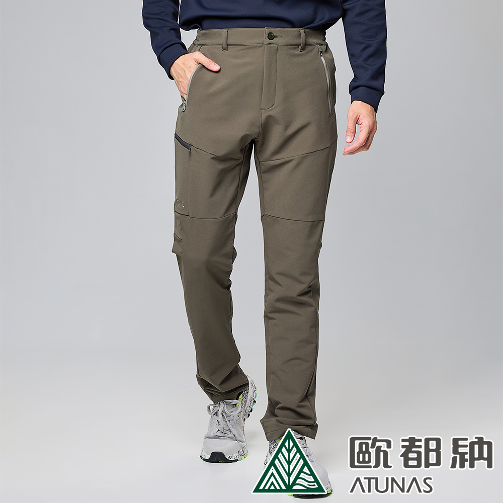 【ATUNAS 歐都納】男款SOFTSHELL抗風彈性長褲 (A1PA2316M 灰綠/防潑水/刷毛/透氣)