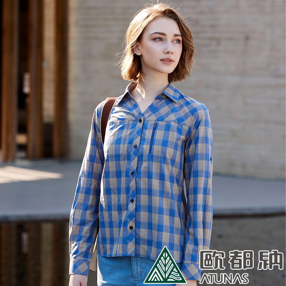 【ATUNAS 歐都納】女款格子長短袖襯衫 (A1SH2403W 藍格/防曬/舒適)