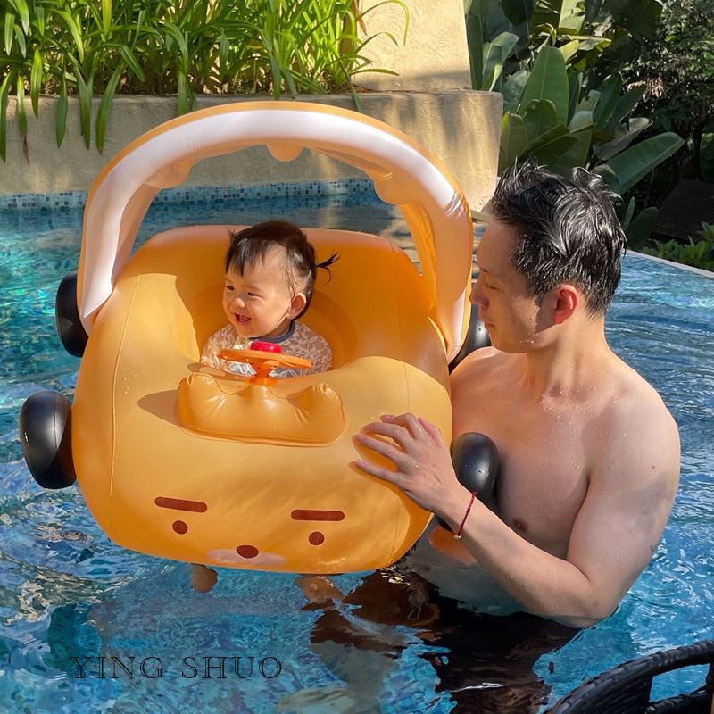 韓系兒童汽車造型可愛游泳坐圈 寶寶遮陽水上充氣坐艇【黃色】