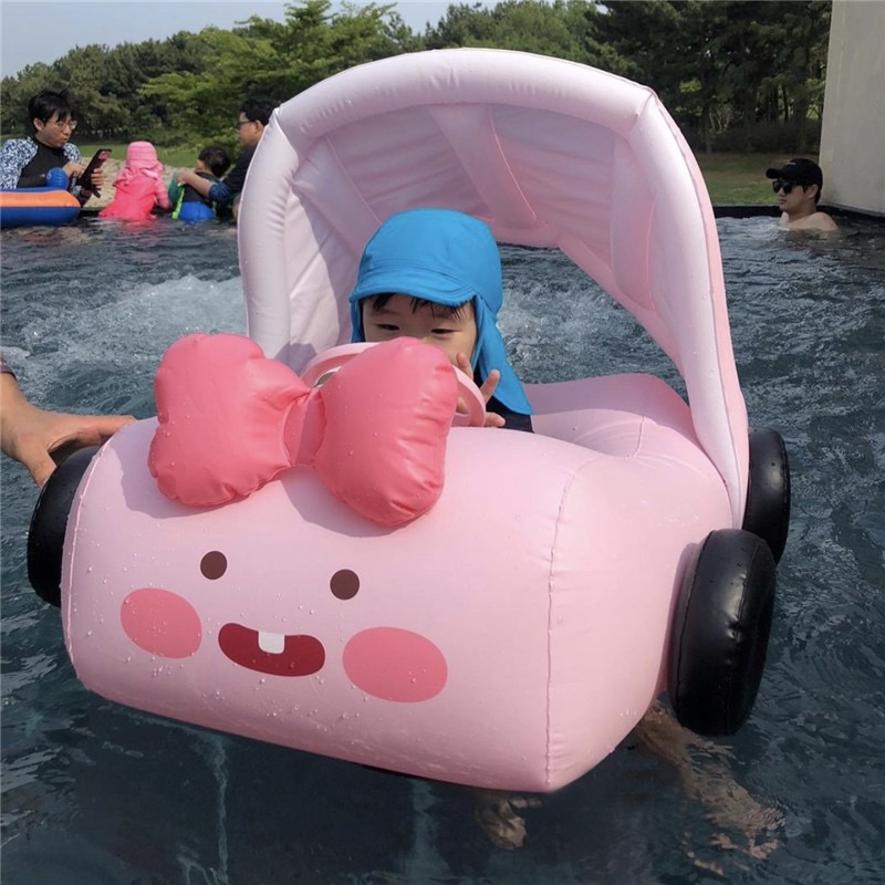 韓系兒童汽車造型可愛游泳坐圈 寶寶遮陽水上充氣坐艇【粉色】