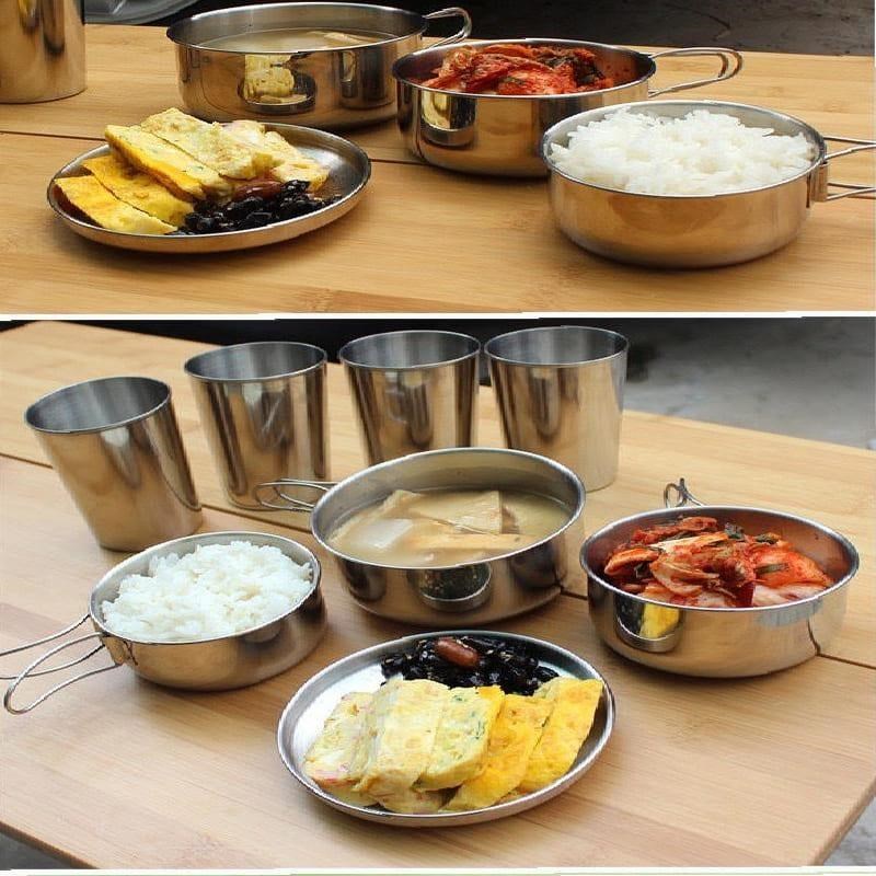 Caiyi 不銹鋼8件組套鍋登山露營便攜燒烤鍋具適5-6人套裝組合