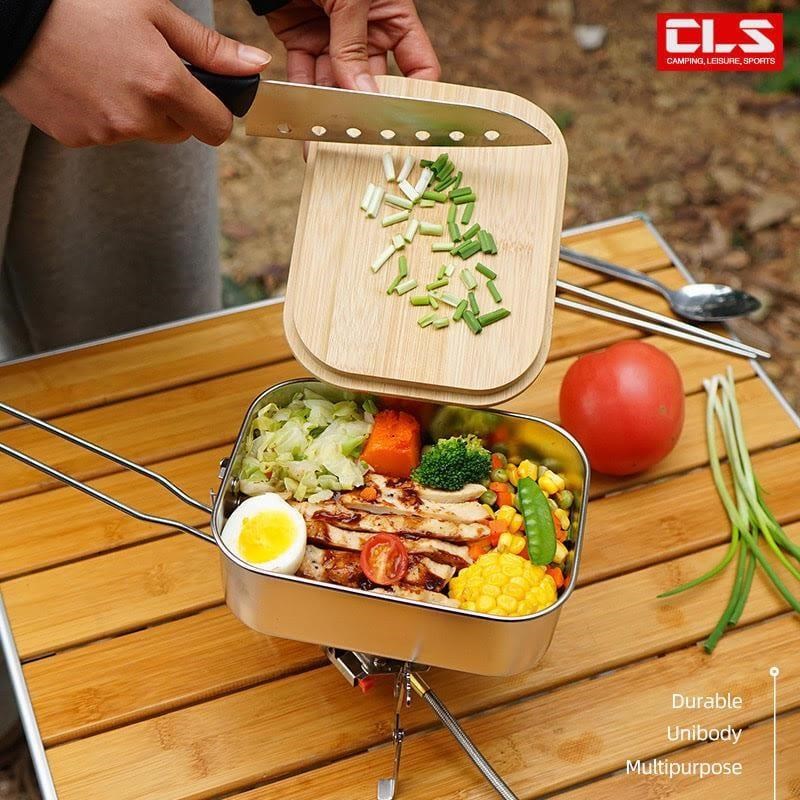 Caiyi 304不鏽鋼竹木蓋板 煮飯盒 餐具 烹飪鍋 野營野餐 便當盒