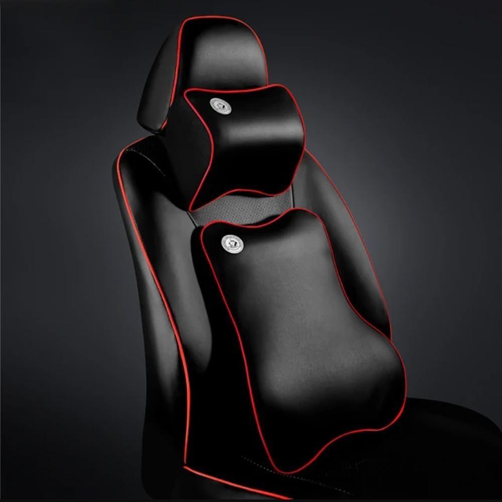【威力鯨車神】高科技太空記憶棉手工皮製汽車頭枕腰靠組(黑色紅邊)