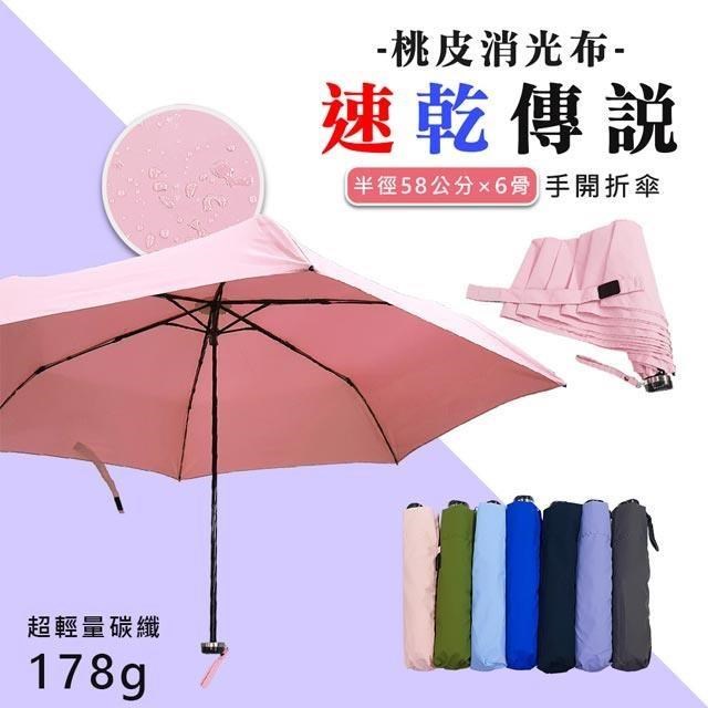 《速乾傳說58cm×6K超輕碳纖手開式折傘》新型桃皮消光傘布，最強一甩即乾！