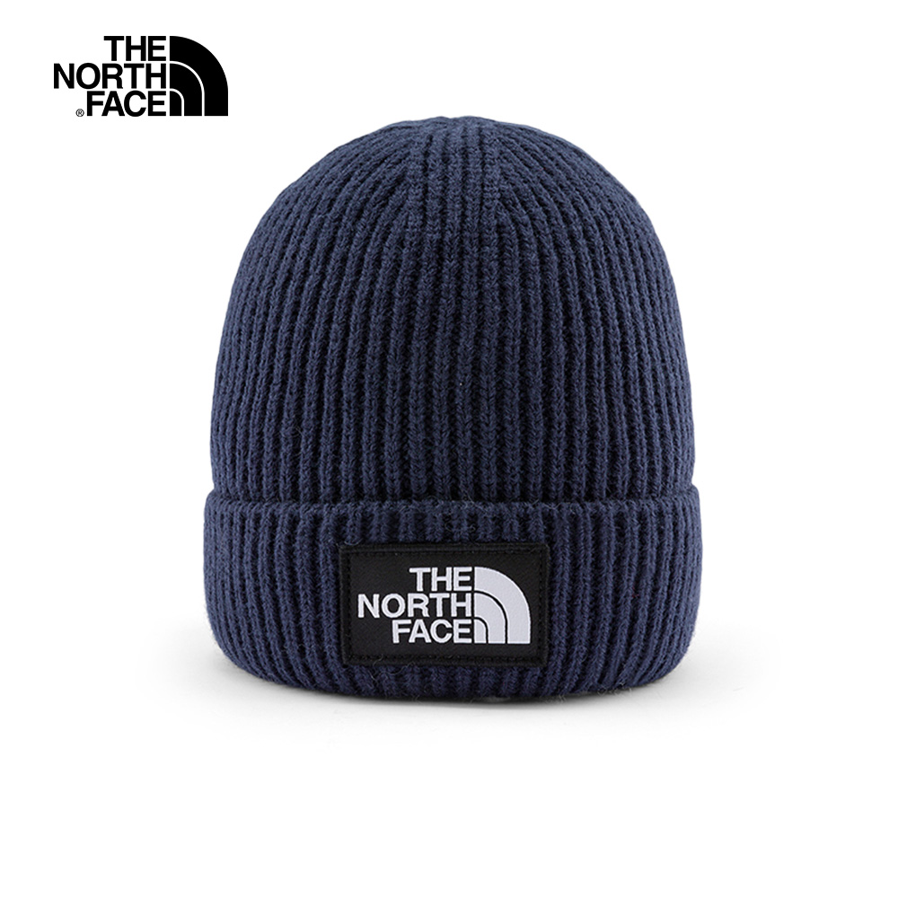 The North Face北面男女款深藍色LOGO布標保暖針織毛帽｜3FJX8K2