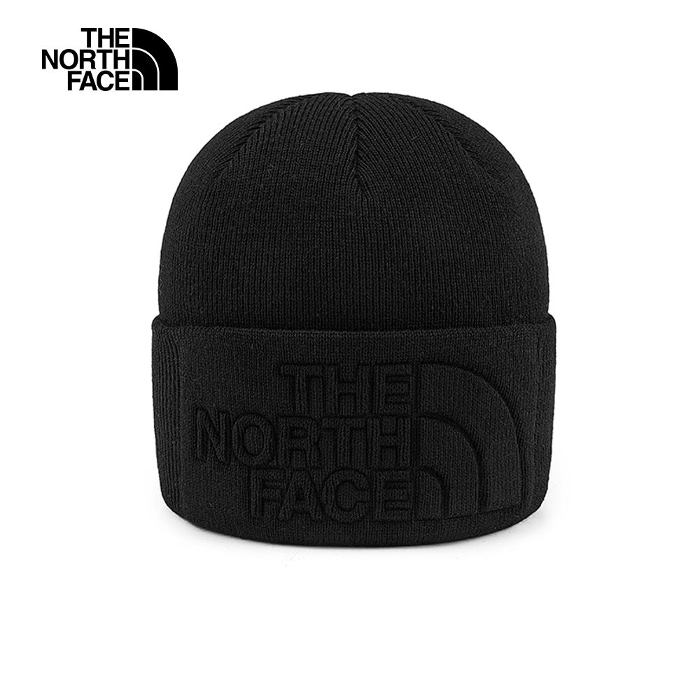 The North Face北面男女款黑色舒適保暖針織大尺寸LOGO壓花設計毛帽｜7WJHJK3