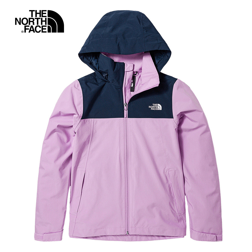 The North Face北面女款紫色海軍藍拼接防水透氣可收納連帽衝鋒衣｜7WCKITM