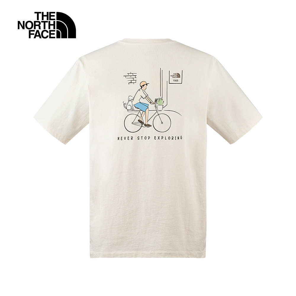 The North Face北面男女款米白色純棉自行車趣味印花短袖T恤｜8CSWQLI