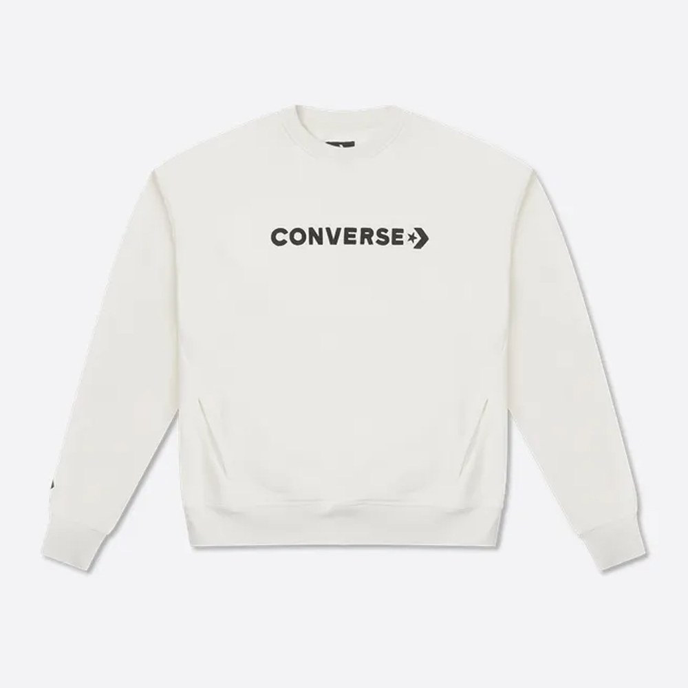 【CONVERSE】WORDMARK BIG LOGO BOYFRIEND CREW 長袖上衣 大學T 女 奶白色-10026159-A04