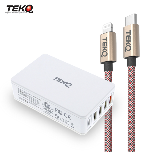 TEKQ Type-C USB 5孔 快充萬用充電器 + TEKQ 蘋果MFI認證 Type C to Lightning 快充傳輸線 120cm