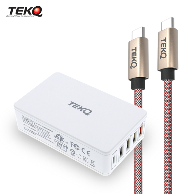 TEKQ Type-C USB 5孔 快充萬用充電器+TEKQ uCable Type-C 高速傳輸充電線-120cm