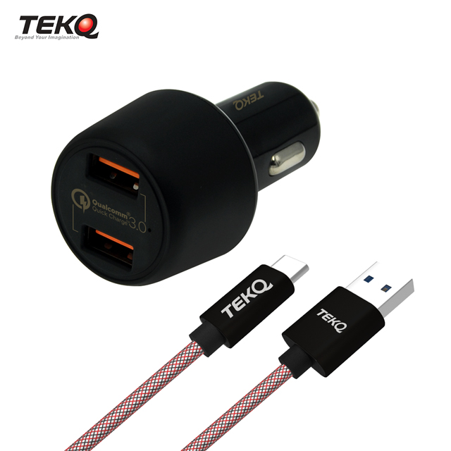 TEKQ USB雙孔 QC3.0 車用快速充電器 單孔18W + TEKQ uCable Type-C USB 傳輸充電線 120cm