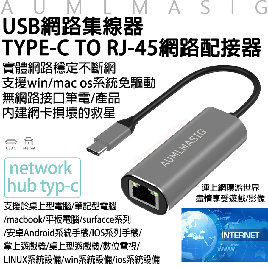 AUMLMASIG USB網路集線器TYPE-C TO RJ-45網路配接器 無網路介面筆電內建網卡損壞的救星
