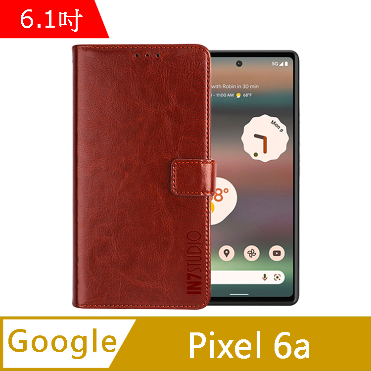 IN7 瘋馬紋 Google Pixel 6a (6.1吋) 錢包式 磁扣側掀PU皮套-棕色