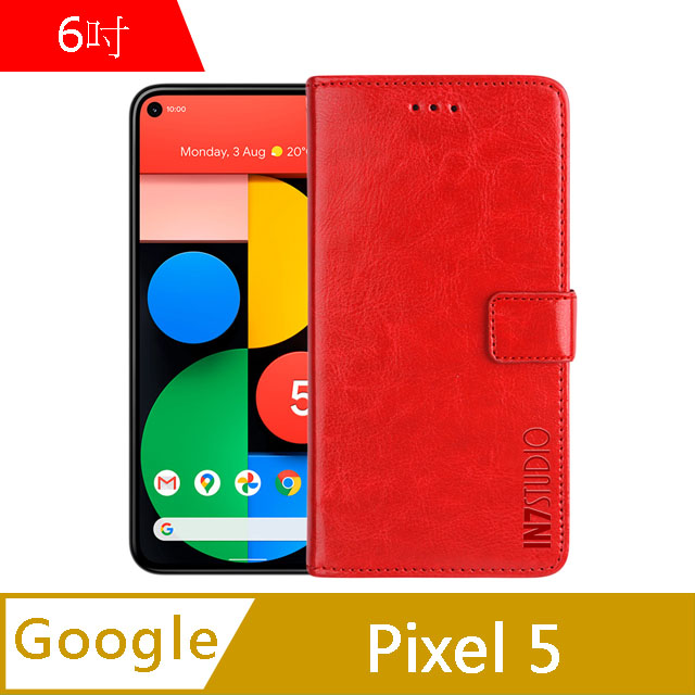 IN7 瘋馬紋 Google Pixel 5 (6吋) 錢包式 磁扣側掀PU皮套 吊飾孔 手機皮套保護殼-紅色