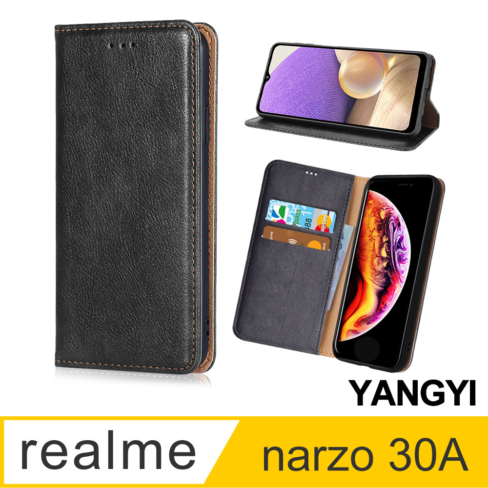 【YANGYI揚邑】Realme narzo 30A 磁吸側翻書本可立式插卡皮套真皮紋抗摔手機殼