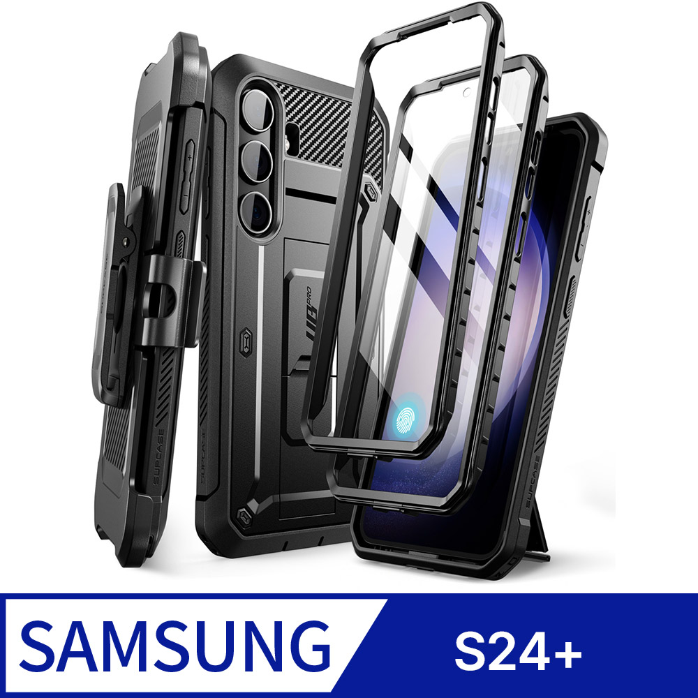 SUPCASE Galaxy S24+ (6.7吋)抗震防摔支架保護殼(黑: 含螢幕防護膜、夾扣套)
