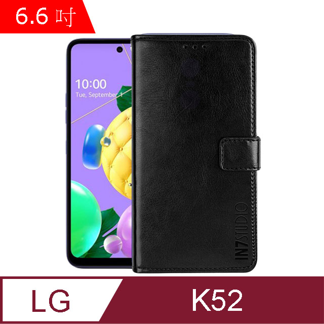 IN7 瘋馬紋 LG K52 (6.6吋) 錢包式 磁扣側掀PU皮套 吊飾孔 手機皮套保護殼-黑色