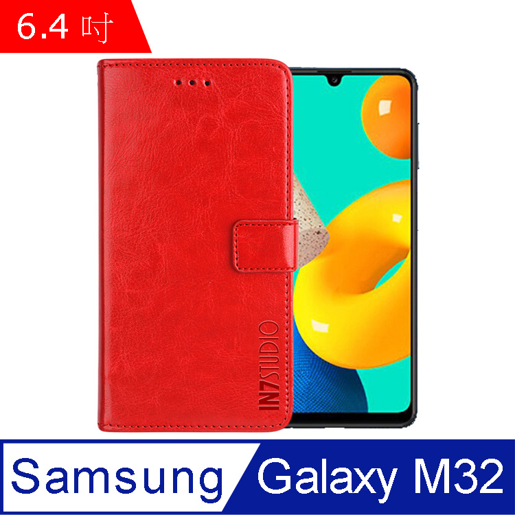 IN7 瘋馬紋 Samsung M32 (6.4吋) 錢包式 磁扣側掀PU皮套 吊飾孔 手機皮套保護殼-紅色