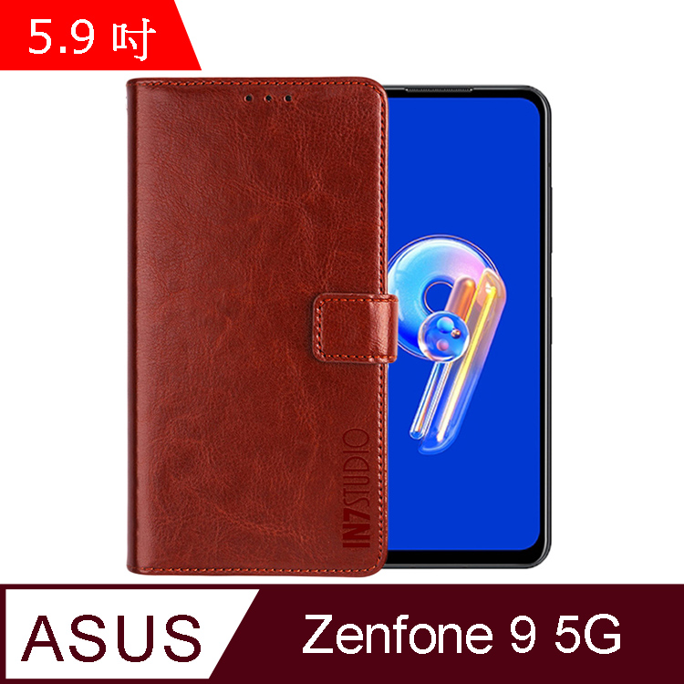 IN7 瘋馬紋 ASUS Zenfone 9 5G (5.9吋) 錢包式 磁扣側掀PU皮套-棕色