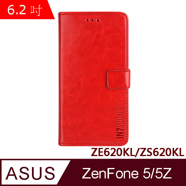 IN7 瘋馬紋 ASUS ZenFone 5/5Z (6.2吋)ZE620KL/ZS620KL 錢包式 磁扣側掀PU皮套 手機皮套保護殼-紅色