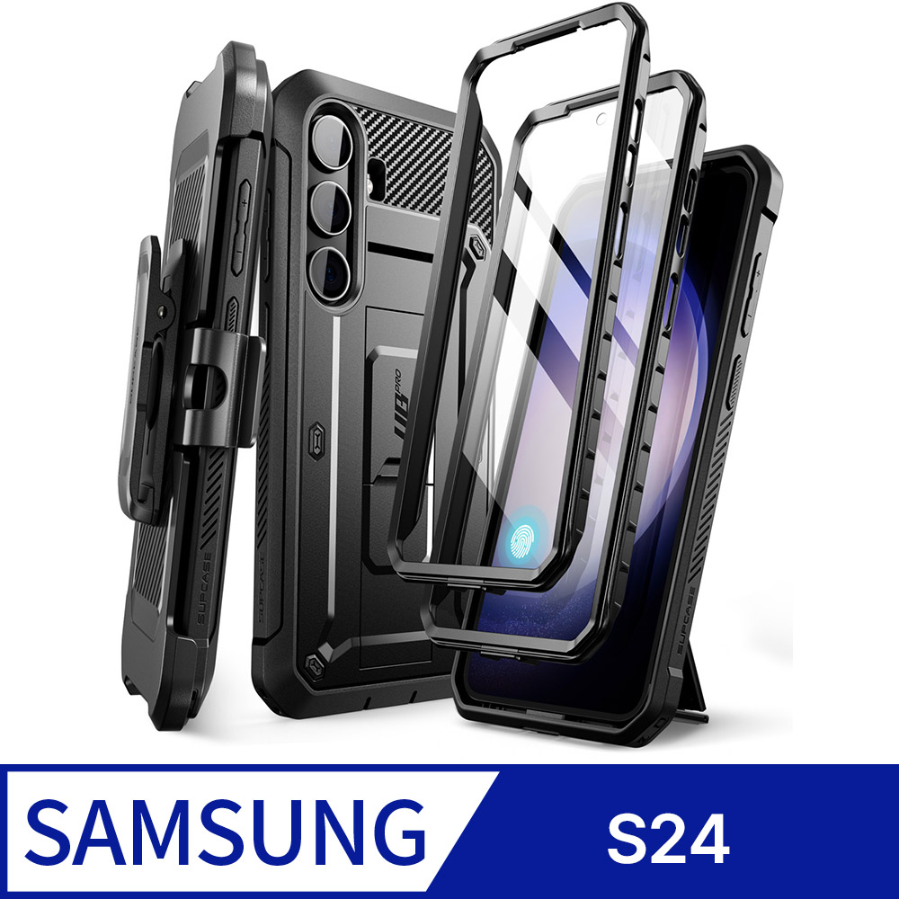 SUPCASE Galaxy S24 (6.1吋)抗震防摔支架保護殼(黑: 含螢幕防護膜、夾扣套)