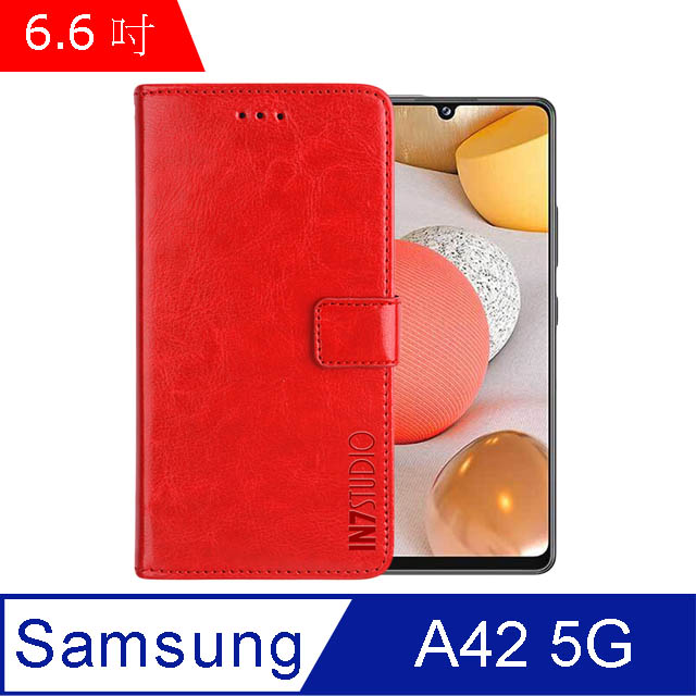 IN7 瘋馬紋 Samsung Galaxy A42 5G (6.6吋) 錢包式 磁扣側掀PU皮套 手機皮套保護殼-紅色
