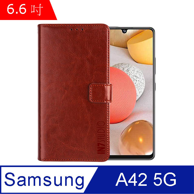 IN7 瘋馬紋 Samsung Galaxy A42 5G (6.6吋) 錢包式 磁扣側掀PU皮套 手機皮套保護殼-棕色