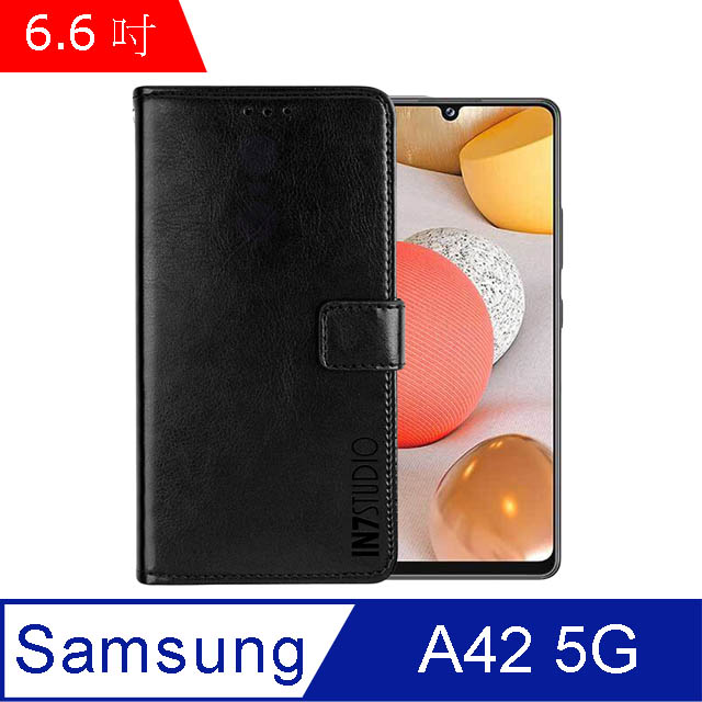 IN7 瘋馬紋 Samsung Galaxy A42 5G (6.6吋) 錢包式 磁扣側掀PU皮套 手機皮套保護殼-黑色