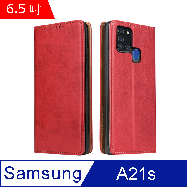 Fierre Shann 真皮紋 Samsung A21s (6.5吋) 錢包支架款 磁吸側掀 手工PU皮套保護殼-紅色