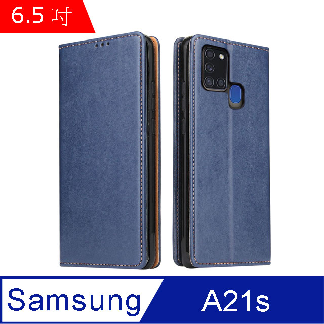 Fierre Shann 真皮紋 Samsung A21s (6.5吋) 錢包支架款 磁吸側掀 手工PU皮套保護殼-藍色